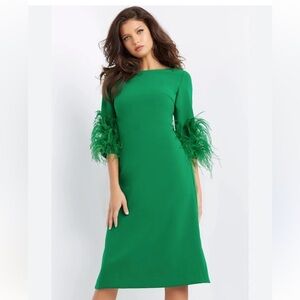 Jovani Emerald Midi Dress with Feather Accents